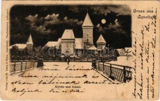 1903 Szentágota, Agnetheln, Agnita; Kirche und Schule / templom és iskola télen este holdfényben. M. Lang és Fia kiadása / church and school in winter at night in moonlight (kis szakadás / small tear)