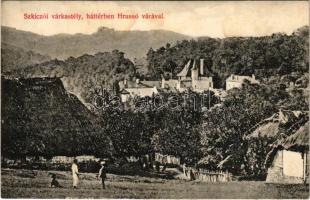 1912 Kicő, Szkicó, Skycov; Szkiczói várkastély, háttérben Hrussó várával / Skycov castle with Hrusov castle ruins in the background (r)
