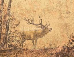 Csergezán Pál (1924-1996): Szarvasbőgés, 1954. Színezett rézkarc, papír, jelzett, kartonra kasírozva...