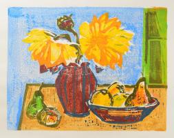 Rác András (1926-2013): Csendélet. Színes linómetszet, papír, jelzés nélkül, 26x34 cm