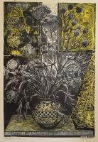 Bordás Ferenc (1911-1982): Csendélet (lány portréval), 1960. Fametszet, papír, jelzett. Kartonra kasírozva. 60×40 cm