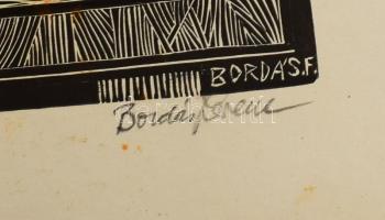 Bordás Ferenc (1911-1982): Csendélet (lány portréval), 1960. Fametszet, papír, jelzett. Kartonra kas...