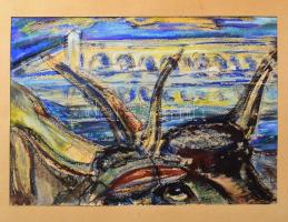 Uzonyi Pál (1923-1986): Hortobágyi híd - Túrkeve, 1976.. Akvarell, pasztell, papír, jelezve jobbra lent, hátoldalán autográf felirattal. Paszpartuban. 35×49 cm