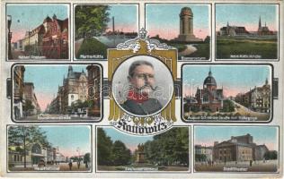 1915 Katowice, Kattowitz; Kaiserl. Postamt, Martha-Hütte, Bismarckturm, Neue Kath. Kirche, Grundmannstraße, August Schneider-Straße mit Synagoge, Hauptbahnhof, Zweikaiserdenkmal, Stadttheater / post office, steelworks, factory, Bismarck tower, church, street view, synagogue, railway station, monument, theatre, General Field Marshal Hindenburg (EK)