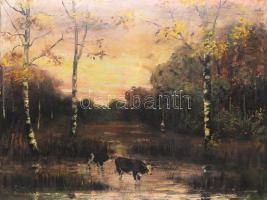 Kürti jelzéssel: Tehenek a tájban. Olaj, vászon. 75x100 cm