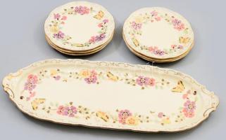 Zsolnay pillangó mintás szendvicses készlet, kínáló h: 45 cm, 6 darab tál d: 17 cm. Jelzett, hibátlan.