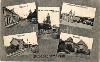 1909 Dicsőszentmárton, Tarnaveni, Diciosanmartin; Erzsébet út, Római katolikus templom, M. kir. postahivatal, Községháza, Unitárius templom, Pályaudvar, vasútállomás, Megyeháza. Szathmáry kiadása / street view, Catholic church, post office, town hall, Unitarian church, railway station, county hall (EK)