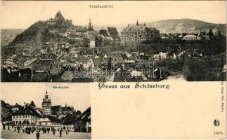Segesvár, Schässburg, Sighisoara; Totalansicht, Marktplatz / látkép, vár, piactér, piaci árusok és üzletek. Kiadja Fritz Teutsch / general view, castle, market square with shops and vendors (EK)