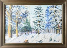 Olvashatatlan jelzéssel, feltehetően ukrán vagy orosz festő (Uliganec?): Téli táj (Kárpátalja?). Olaj, fa. Fakeretben. 39x57 cm.
