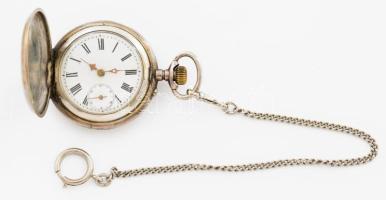 Ancre 15 köves ezüst (Ag) tokos zsebóra, fém óralánccal, működik, jelzett, d: 5 cm, bruttó 94g