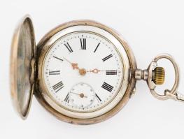 Ancre 15 köves ezüst (Ag) tokos zsebóra, fém óralánccal, működik, jelzett, d: 5 cm, bruttó 94g