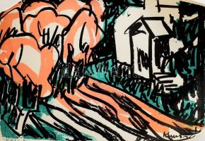 Kunt Ernő (1920-1994): Régi ház - mandulásban, 1972. Linómetszet, papír, jelezve jobbra lent. Lapszéli apró szakadással, 27×40 cm