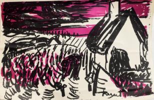 Kunt Ernő (1920-1994): Kertben, 1971. Linómetszet, papír, jelezve jobbra lent. Gyűrődésekkel, lapszéli apró szakadással, feltekerve, 27×40 cm