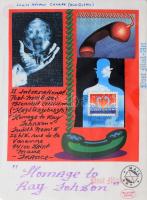 Louise Héroux (-), Canadian artist: II International Post Mail Art Biennial Exhibition, Hajdúszoboszló (Hommage to Ray Johnson). Vegyes technika, bélyeg, kollázs, papír, jelzett. Jelzett. Nem's Juditnak (Nemes Judith, 1948-) küldve. Joseph Kadar (1936-2019) gyűjteményi pecsétjével (Collection Kadar). Kartonra kasírozva. 30,5x23 cm