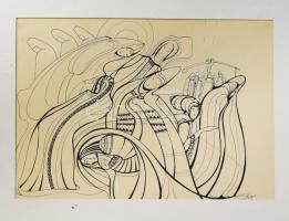 Lajos Ferenc (1912-1998): Párkák, 1979. Tus, papír, jelezve jobbra lent (paszpartu által kissé takarva), 27×39 cm