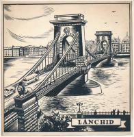 Haranghy Jenő (1894-1951): Budapest, Lánchíd Rákosi-címerrel, 1949-50 körül. Tus, papír, jelzés nélkül, hajtásnyommal, 20x20 cm