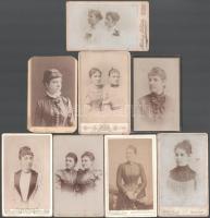 8 db hölgyeket ábrázoló vizitkártya, különféle műtermekből (közte F. L. Schnitzel, Pozsony; Pollak Ernő, ill. Mertens és Társa, Bp.; stb.), változó állapotban
