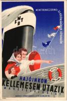 MFTR (Magyar Királyi Folyam- és Tengerhajózási R.T.) reklámlapja. Menetrendszerinti és különjáratok, sétahajók. Hajóinkon kellemesen utazhat, MÁV étszolgálat. MFTR "Szent István" gőzhajó / Hungarian steamship company advertisement s: Cziglényi L. (EK)