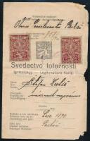 1922 Párkány (Štúrovo), fényképes igazolójegy Kulis István napszámos részére, magyar, cseh és német nyelven, csehszlovák okmánybélyegekkel, kisebb sérülésekkel
