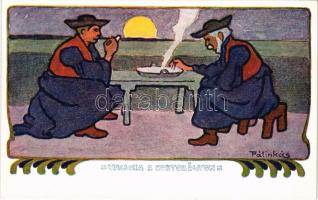 Hortobágyi vacsora. Magyar művészlap / Hungarian art postcard s: Pálinkás