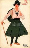 Kiránduló hölgy művészlap, hátoldalán Diana púder reklám / Hungarian art postcard, hiking lady. Advertisement on the backside s: Győri Aranka (EK)