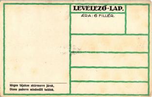 Kiránduló hölgy művészlap, hátoldalán Diana púder reklám / Hungarian art postcard, hiking lady. Adve...