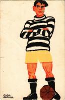 Labdarúgó, focista "Diana" sósborszesz reklámmal a hátoldalon / Hungarian art postcard, football player with advertisement s: Győri Aranka (szakadás / tear)