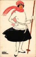 Síelő hölgy művészlap, téli sport, Diana krém reklám a hátoldalon / Skiing lady. Hungarian art postcard, winter sport, creme advertisement s: Győri Aranka (kis szakadás / small tear)