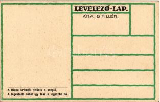 Teniszező hölgy művészlap. Diana krém reklám a hátoldalon / Tennis playing lady. Hungarian art postc...