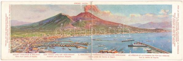 Naples, Napoli; Il Vesuvio e la Ferrovia e la Funicolare Vesuviana / Mount Vesuvius with Railway and Funicular. Travel by the Vesuvius Railway when visiting the crater. Tourist advertisement, 2-tiled folding panoramacard (worn at fold)
