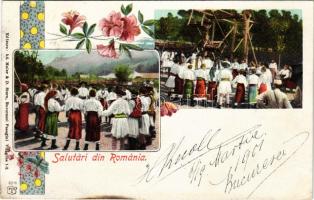1901 Salutari din Romania / Greetings from Romania, Hora traditional folk dance. Edit. Ad. Maier &amp; D. Stern. Art Nouveau, floral (fl)