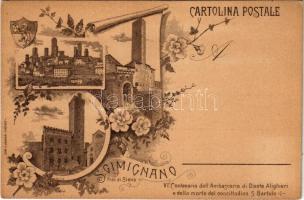San Gimignano, VI. Centenario dell'Ambasceria di Dante Alighieri e della morte del concittadino S. Bartolo. C. Borrani / towers, general view. Art Nouveau, floral (EK)