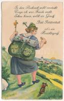 1928 Bad Reichenhall, hiking lady leporellocard with 10 small pictures (crease)