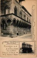 Bologna, Ricordo di Bologna dall'Albergo Stella d'Italia e Aquila Nera. Casa dei Carracci (detta dei Pittori), Un automobile dell'Albergo. Art Nouveau (EK)