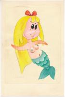 Jelzés nélkül: Loreley (humoros-karikaturisztikus rajz). Akvarell, ceruza, papír. Papírra kasírozva. 24x17 cm