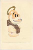Jelzés nélkül: Szerzetes (Mönch, humoros-karikaturisztikus rajz). Akvarell, ceruza, papír. Papírra kasírozva. 23x17 cm