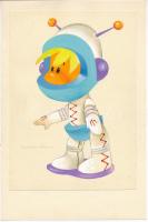 Jelzés nélkül: Űrhajós (humoros-karikaturisztikus rajz). Akvarell, ceruza, papír. Papírra kasírozva. 24x17 cm