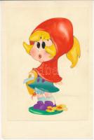 Jelzés nélkül: Piroska (humoros-karikaturisztikus rajz). Akvarell, ceruza, papír. Papírra kasírozva. 24x17 cm