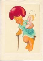 Jelzés nélkül: Mária a kisdeddel (humoros-karikaturisztikus rajz). Akvarell, ceruza, papír. Paszpartuban. 23,5x16,5 cm