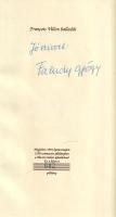 Villon, Francois - Faludy György: Francois Villon balladái Faludy György átköltésében. (Számozott, aláírt példány.) Budapest, 1991. Magyar Világ Kiadó (Passzer Nyomdaipari Kft.) 96 p. Aláírt kolofon: Megjelent 1991 karácsonyára 1200 számozott példányban a Mester eredeti ajánlásával. Ez a kötet a 602. példány. "Jó szívvel: Faludy György". Kötetünk 24. oldalán öntapadós címke, rajta Faludy György később keletkezett, saját kézzel írt ajánló szavaival: "olvasd el ezt is: + 32. oldal". Oldalszámozáson belül számos szövegközti fametszettel, a versek után a fordító 1937-ben keletkezett utószavával. Aranyozott, illusztrált, vaknyomásos kiadói bőrkötésben, illusztrált, enyhén kopott kiadói tokban. Jó példány.
