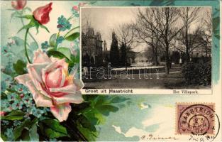 1901 Maastricht, Groet, Het Villapark. Math. Crolla / promenade. Art Nouveau, litho frame with flower. TCV card (EK)