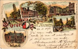 1898 (Vorläufer!) Utrecht, Groet, Janskerkhof, Domtoren, Gaardbrug, Stadhuis, Oudegracht Smeebrug, Universiteitsgebouw. Gj. G. W. Maas / Dom Tower, Gaard Bridge, Town Hall, Oudegracht Smee Bridge, University Building. Art Nouveau, floral, litho (EB)
