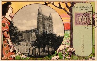 1901 Maastricht, Groet. Math. Crolla / church, tower. Art Nouveau, litho frame with lady and tree. TCV card (EK)