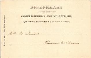 1901 Maastricht, Groet. Math. Crolla / church, tower. Art Nouveau, litho frame with lady and tree. T...