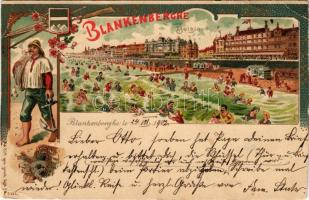 1902 Blankenberge, Blankenberghe; beach, bathers, mariner, folklore. Art Nouveau, floral, litho (EB)