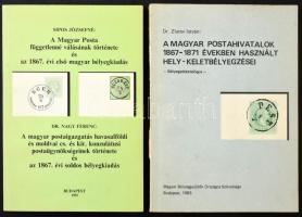 Dr. Zlatev István: A magyar postahivatalok 1867-1871 években használt hely-keletbélyegzései (1983) + Sipos Józsefné: A magyar posta függetlenné válásának története és az 1867. évi első magyar bélyegkiadás / Dr. Nagy Ferenc: A magyar postaigazgatás havasalföldi és moldvai cs. és kir. konzulátusi postaügynökségeinek története és az 1867. évi soldos bélyegkiadás (1982)