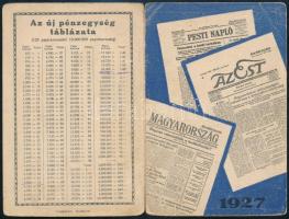1927 Az Est napilap kinyitható kártyanaptára, hátoldalán korona-pengő átváltási táblázattal, Bp., Ujságüzem-ny., kissé viseltes állapotban, kinyitva: 15x11,5 cm