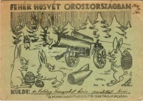 1942 Fehér húsvét Oroszországban. Második világháborús Tábori Postai Levelezőlap. M. kir. haditudósító osztag kiadása / WWII Hungarian military field postcard with Easter greeting from Russia, rabbits + "Tábori postahivatal 13 A" (EB)
