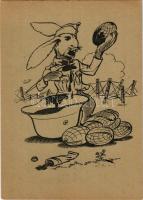 Második világháborús Tábori Postai Levelezőlap, húsvéti üdvözlet / WWII Hungarian military field postcard with Easter greeting, rabbits