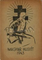 1943 Magyar Húsvét. Második világháborús Tábori Postai Levelezőlap, húsvéti üdvözlet / WWII Hungarian military field postcard with Easter greeting (EK)